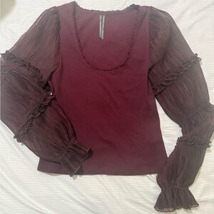Anthropologie Deep Burgundy Blouse with Ruffled Sleeves